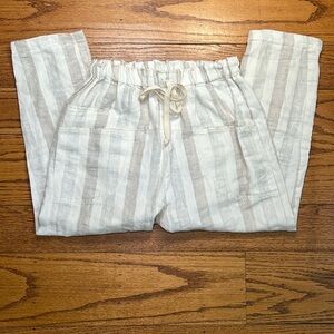 Nice Martin Tan and Cream Stripped Linen Coastal High Rise Capri Pants A38